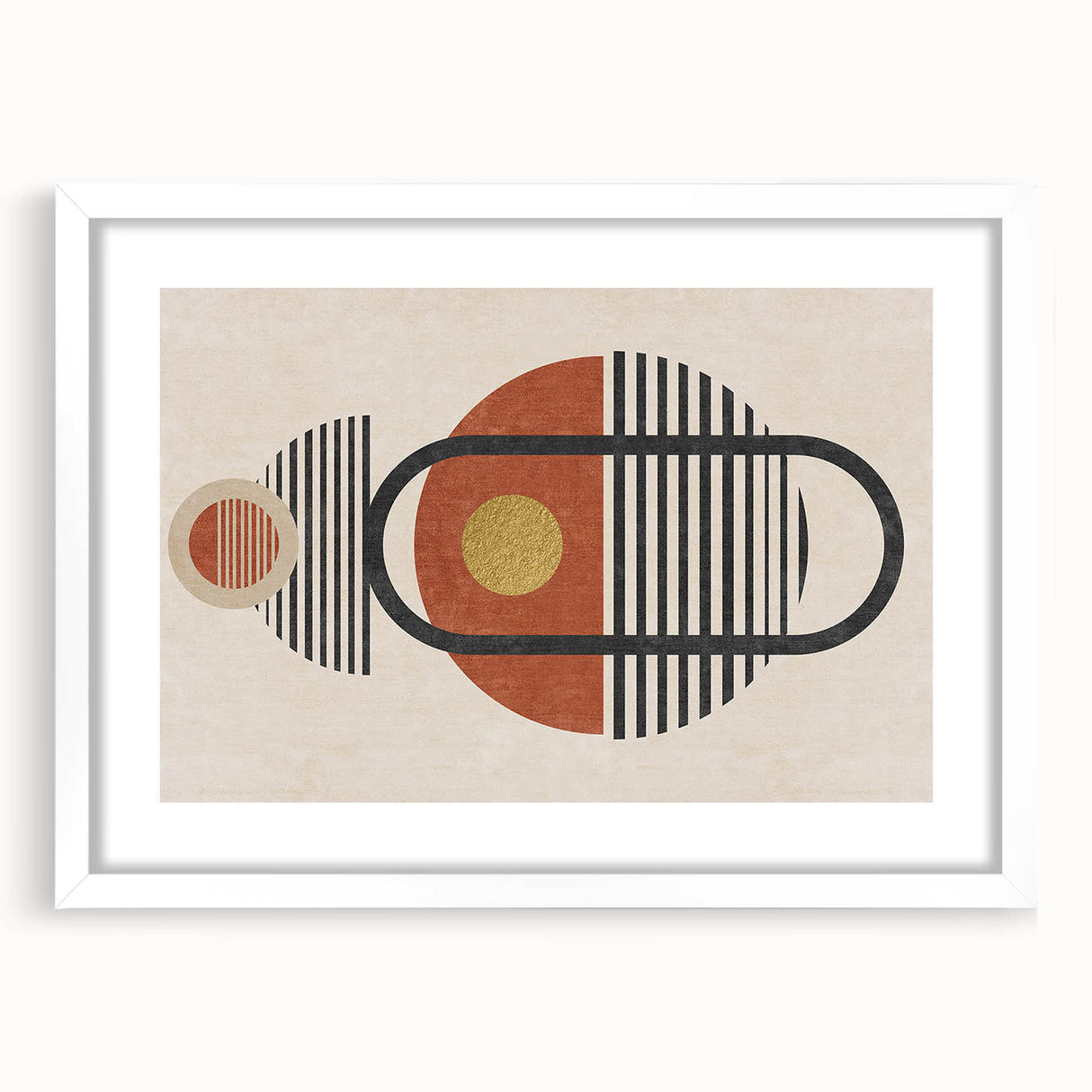 Framed abstract wall art featuring colorful strokes and lines in a modern design, set against a white mat for a contemporary look.