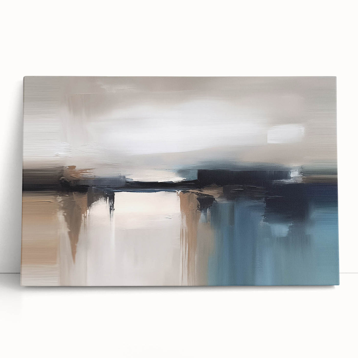 Colorful abstract strokes and lines in an artistic design, printed on stretched canvas, leaning against a neutral wall for a modern decor accent.