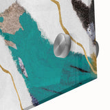 Close-up of abstract strokes and lines design on acrylic glass wall art, showcasing vibrant colors and smooth surface texture for modern decor.