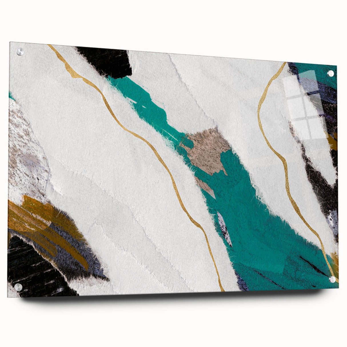 Close-up of a modern abstract wall art piece showcasing colorful strokes and lines, displayed in a stylish acrylic glass frame with metal pins.