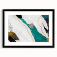 Abstract wall art featuring an elegant design of colorful strokes and lines, framed in black with a mat, ideal for modern home decor.