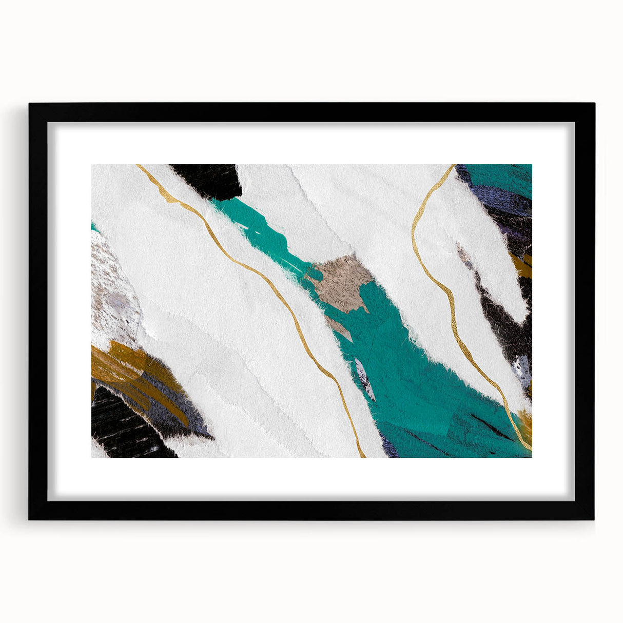 Abstract wall art featuring an elegant design of colorful strokes and lines, framed in black with a mat, ideal for modern home decor.