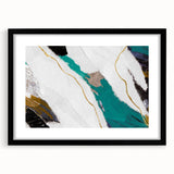 Abstract wall art featuring an elegant design of colorful strokes and lines, framed in black with a mat, ideal for modern home decor.