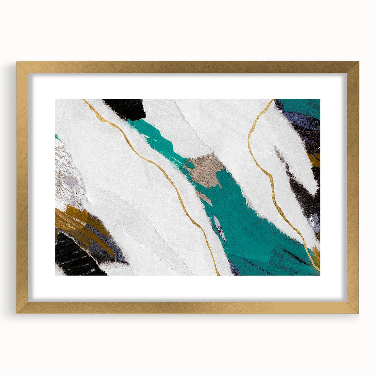 Abstract strokes and lines design wall art collection framed in gold, showcasing modern artistic style with elegant matting and vibrant colors.