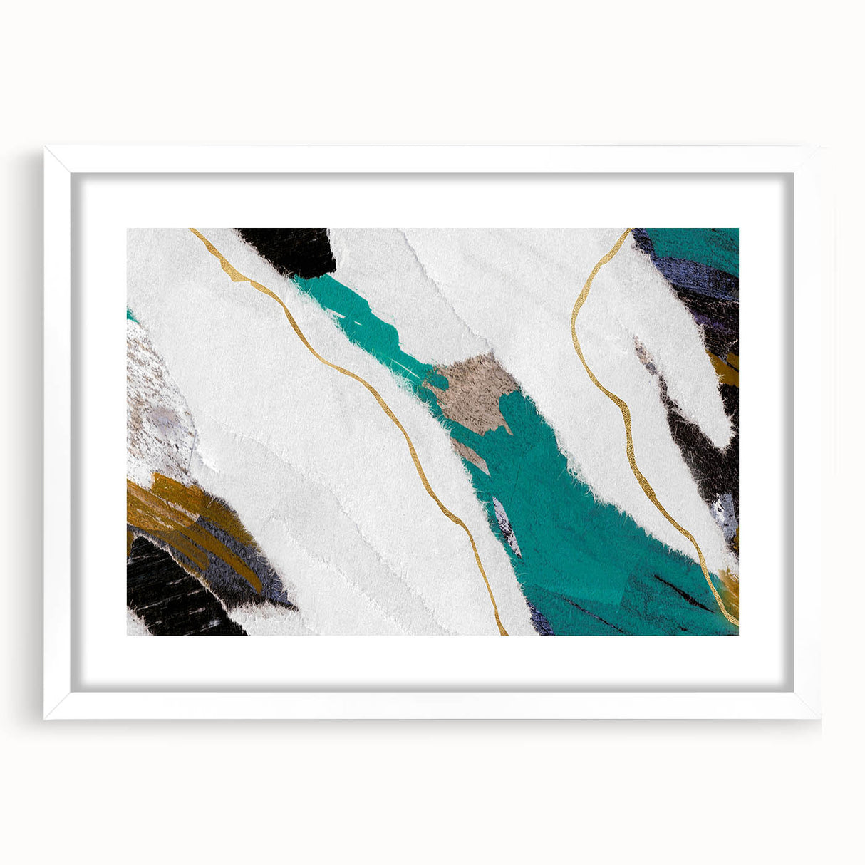 Abstract wall art print showcasing a modern design with vibrant strokes and lines in a white frame, perfect for contemporary home decor.