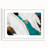 Abstract wall art print showcasing a modern design with vibrant strokes and lines in a white frame, perfect for contemporary home decor.