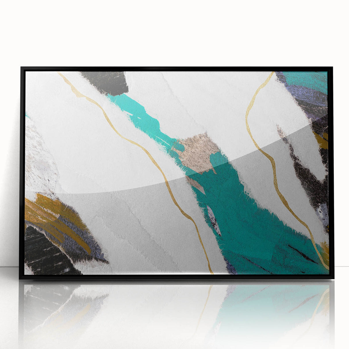 Framed wall art featuring an abstract design with dynamic strokes and lines in shades of black and white, ideal for modern decor.