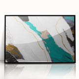 Framed wall art featuring an abstract design with dynamic strokes and lines in shades of black and white, ideal for modern decor.