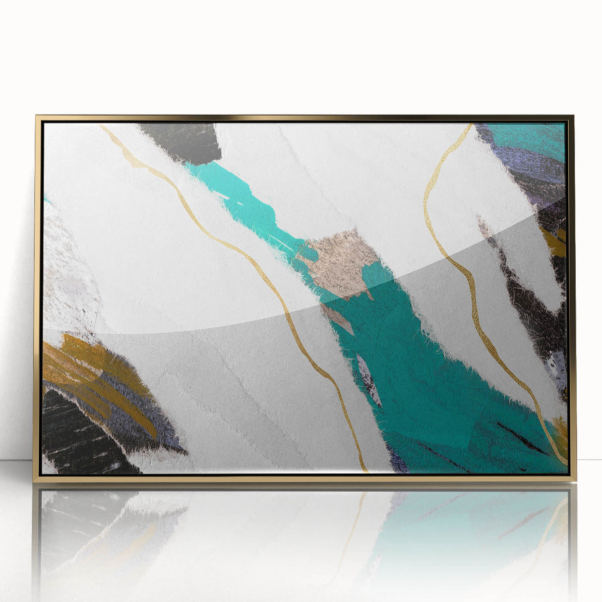 Framed abstract wall art featuring strokes and lines in vibrant hues of gold and blue, designed to enhance modern interiors.