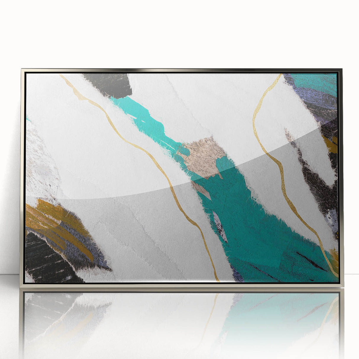 Framed wall art print showcasing an abstract design of colorful strokes and lines, featuring a sleek silver frame that enhances its modern aesthetic.