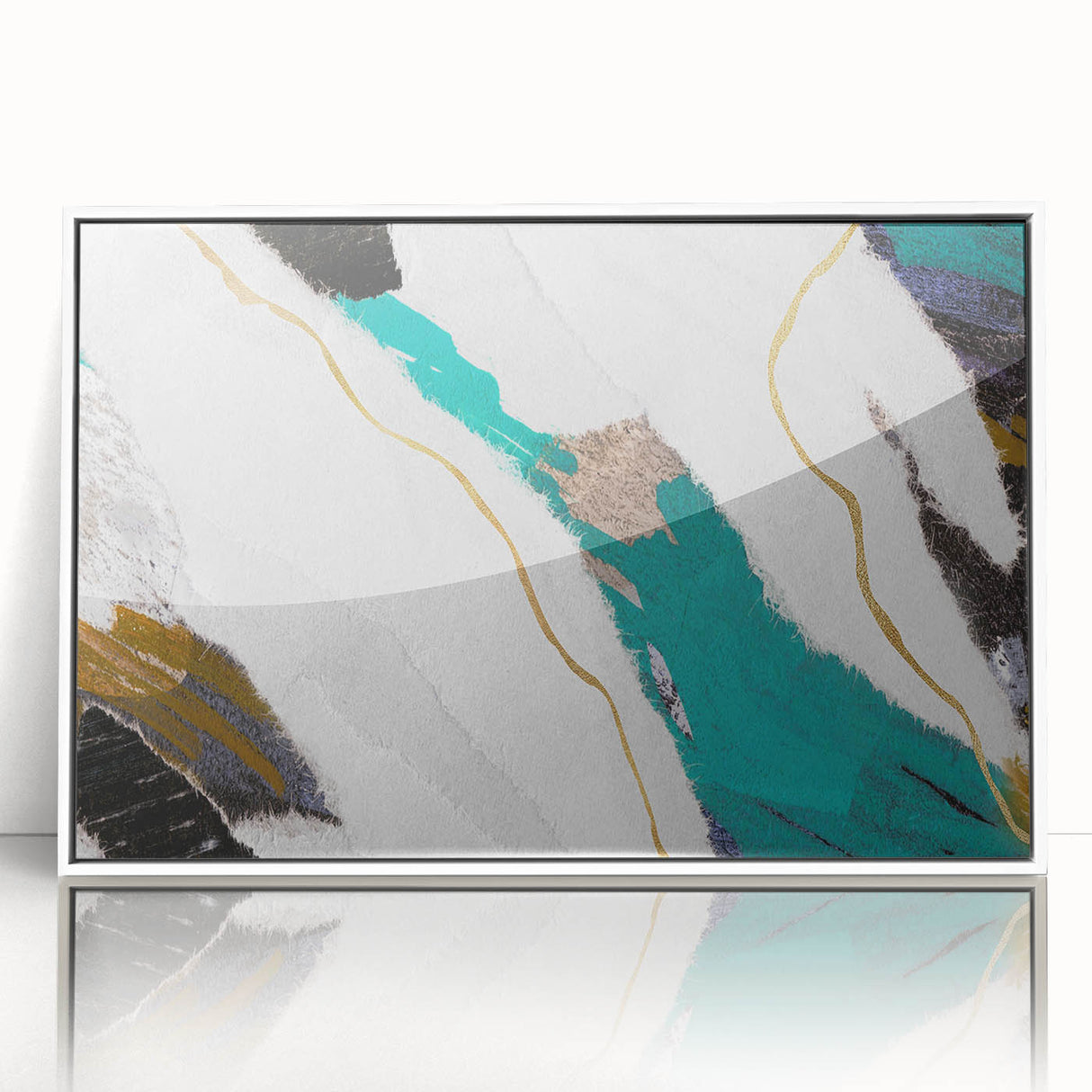 Framed abstract wall art showcasing colorful strokes and lines in a modern design, set against a sleek white frame, perfect for contemporary decor.