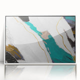 Framed abstract wall art showcasing colorful strokes and lines in a modern design, set against a sleek white frame, perfect for contemporary decor.
