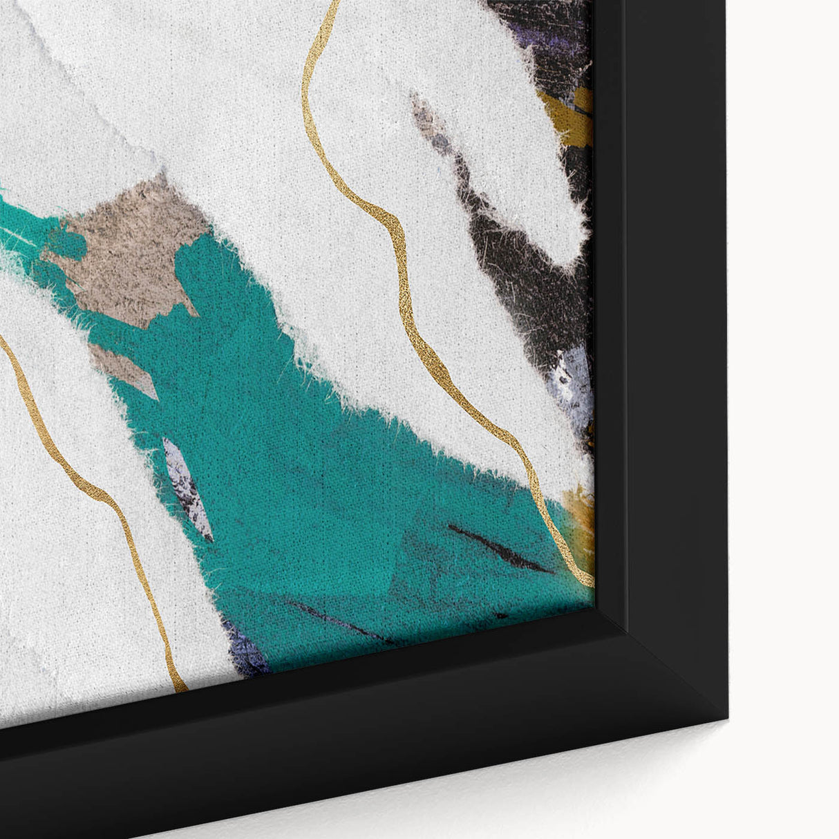 Close-up of a modern abstract wall art design showcasing vibrant strokes and lines in blue, green, and yellow hues, framed elegantly for display.