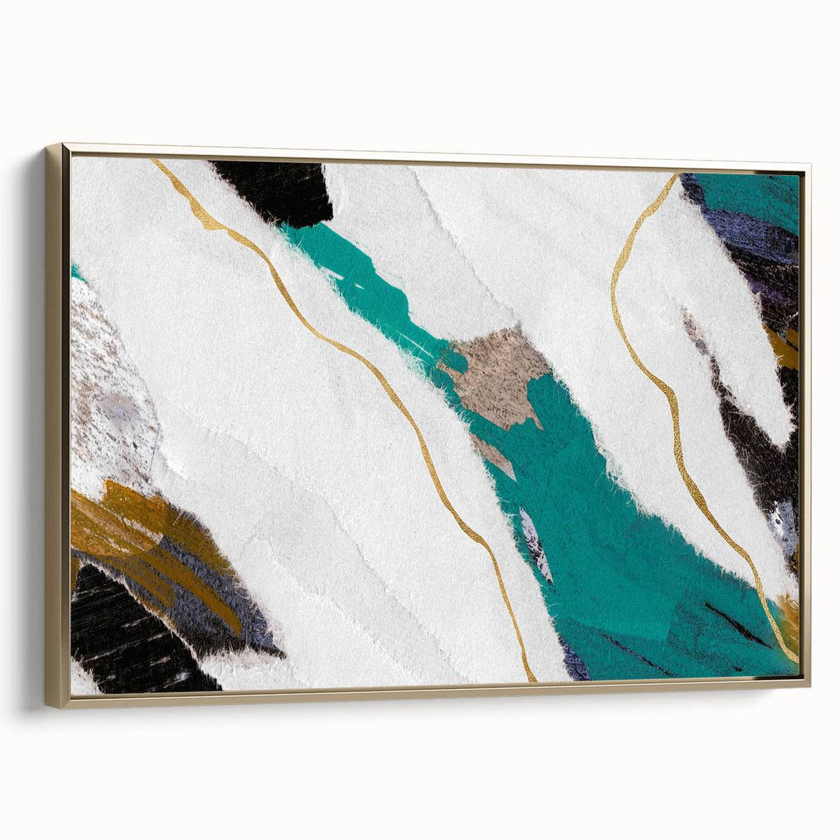 Framed abstract wall art featuring a design of gold strokes and lines on a textured canvas, displayed in a stylish side view to highlight its elegance.
