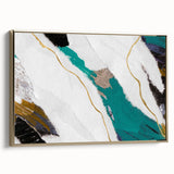 Framed abstract wall art featuring a design of gold strokes and lines on a textured canvas, displayed in a stylish side view to highlight its elegance.