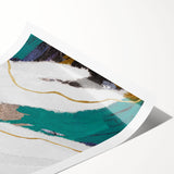 Abstract wall art print showcasing vibrant strokes and lines in shades of blue, pink, and yellow, perfect for modern home decor.