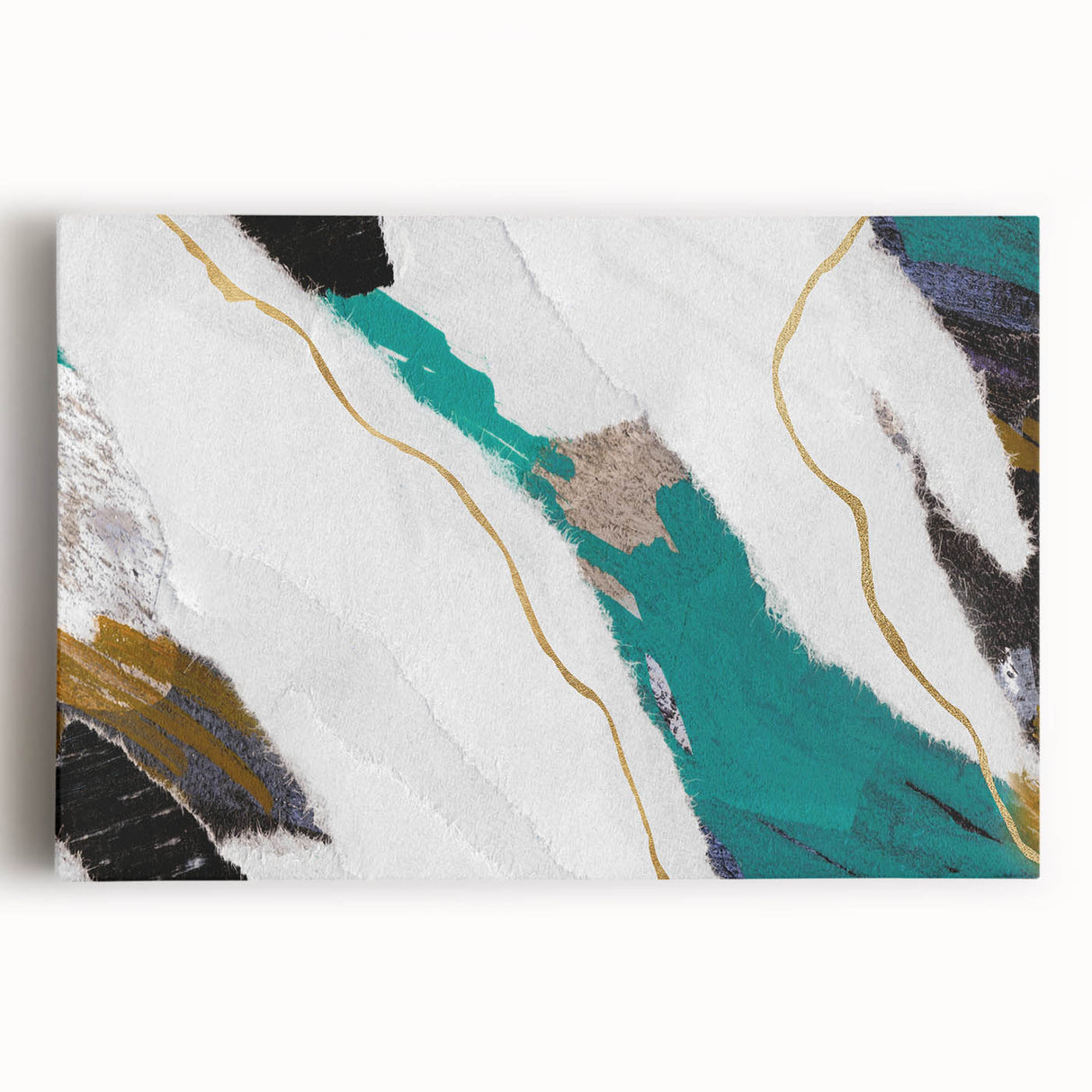Abstract wall art canvas print showcasing vibrant strokes and lines in a mix of blue, gold, and orange hues, perfect for modern decor.