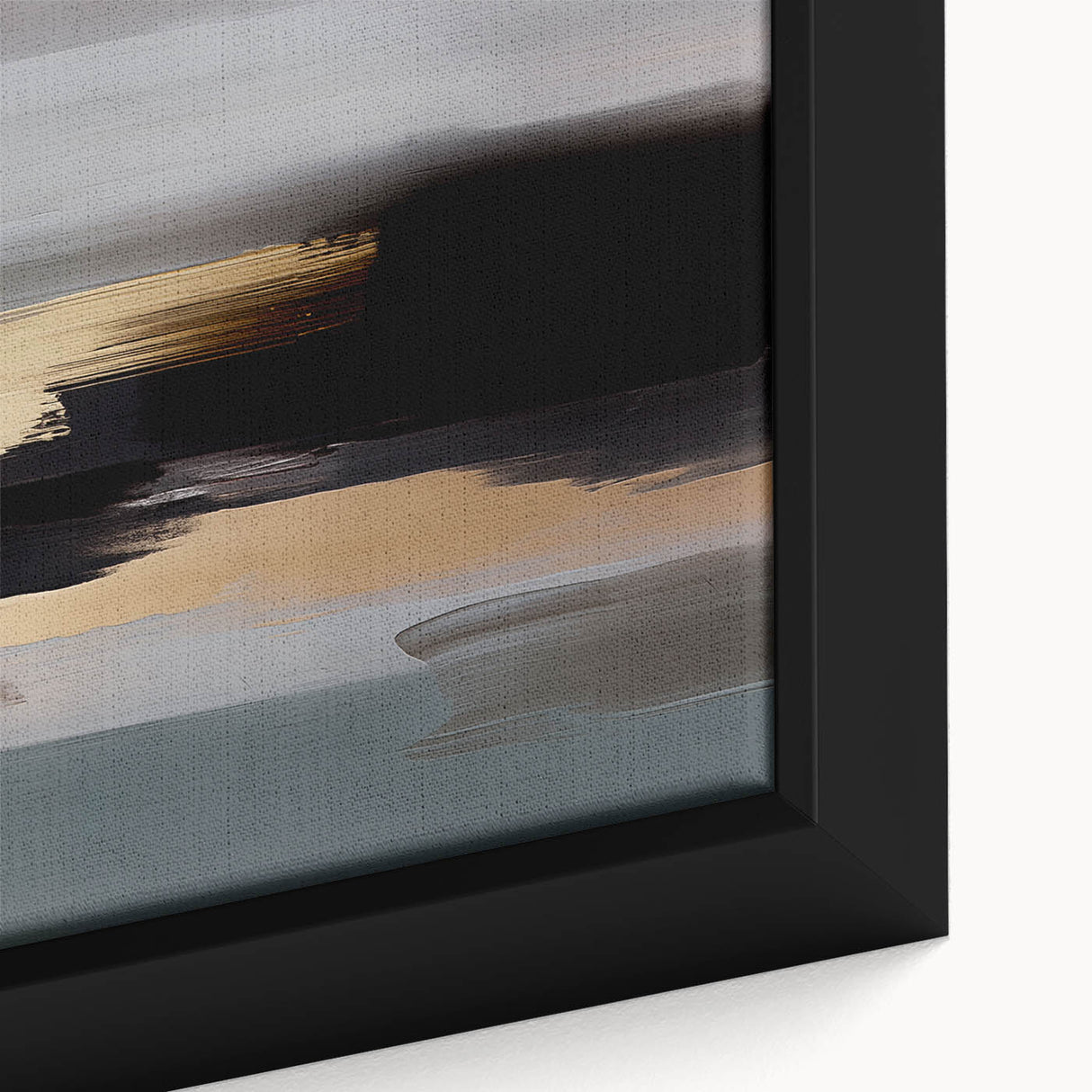 Close-up of a framed canvas wall art piece showcasing vibrant abstract strokes and lines in blue, orange, and yellow tones, adding modern decor flair.