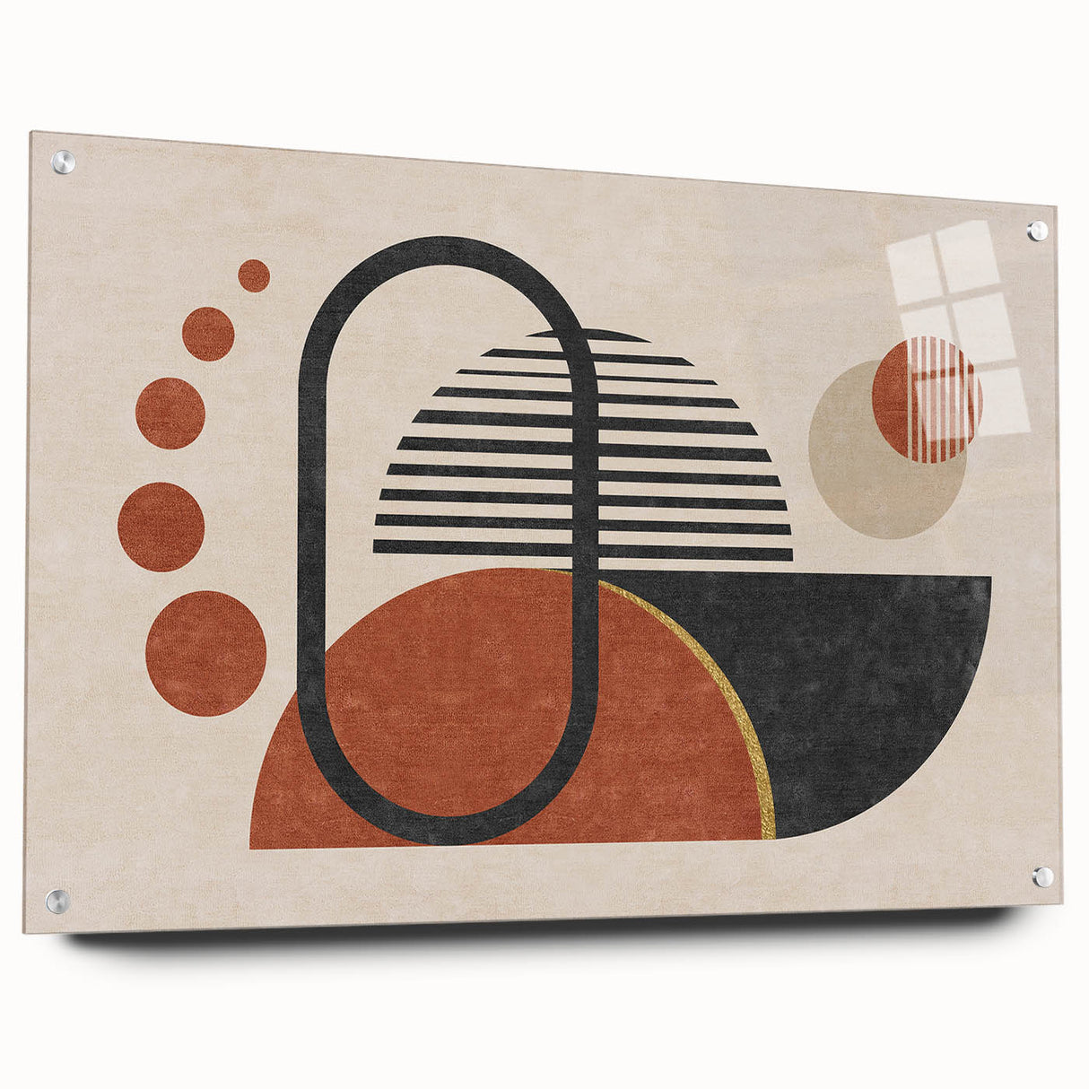 Abstract wall art print featuring colorful strokes and lines in a modern design, presented in a sleek acrylic glass frame with pins.