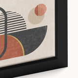 Close-up of a modern abstract wall art piece showcasing colorful strokes and lines in vibrant hues, elegantly framed for display.