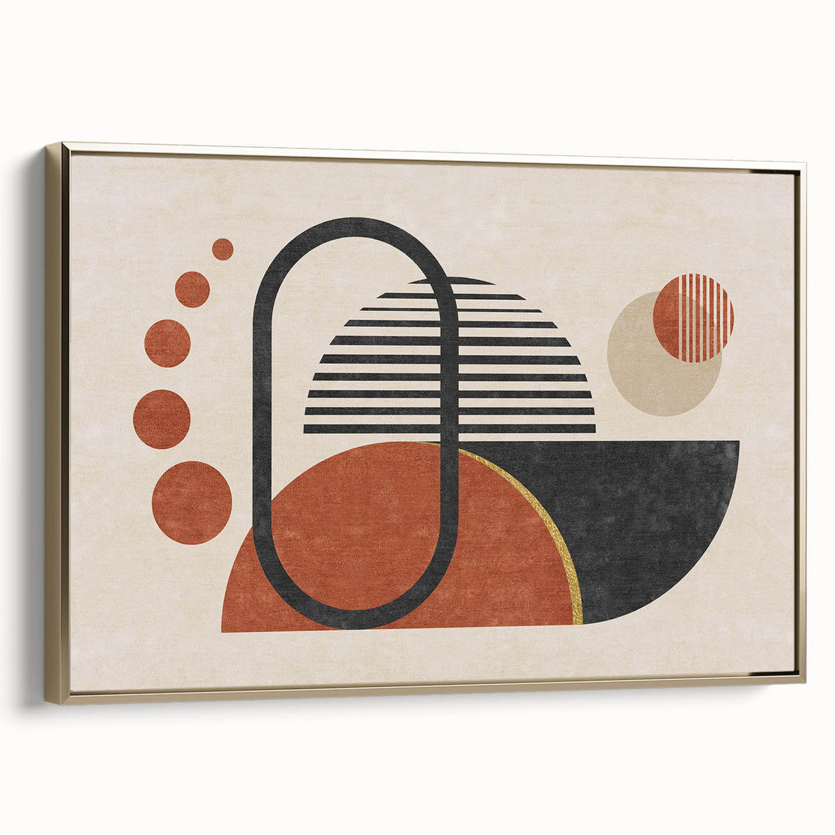 Framed wall art showcasing an abstract design with gold strokes and lines, elegantly displayed from a side view, perfect for modern decor.