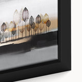 Close-up of a framed abstract wall art piece showcasing vibrant strokes and lines in a harmonious blend of colors, ideal for modern decor.