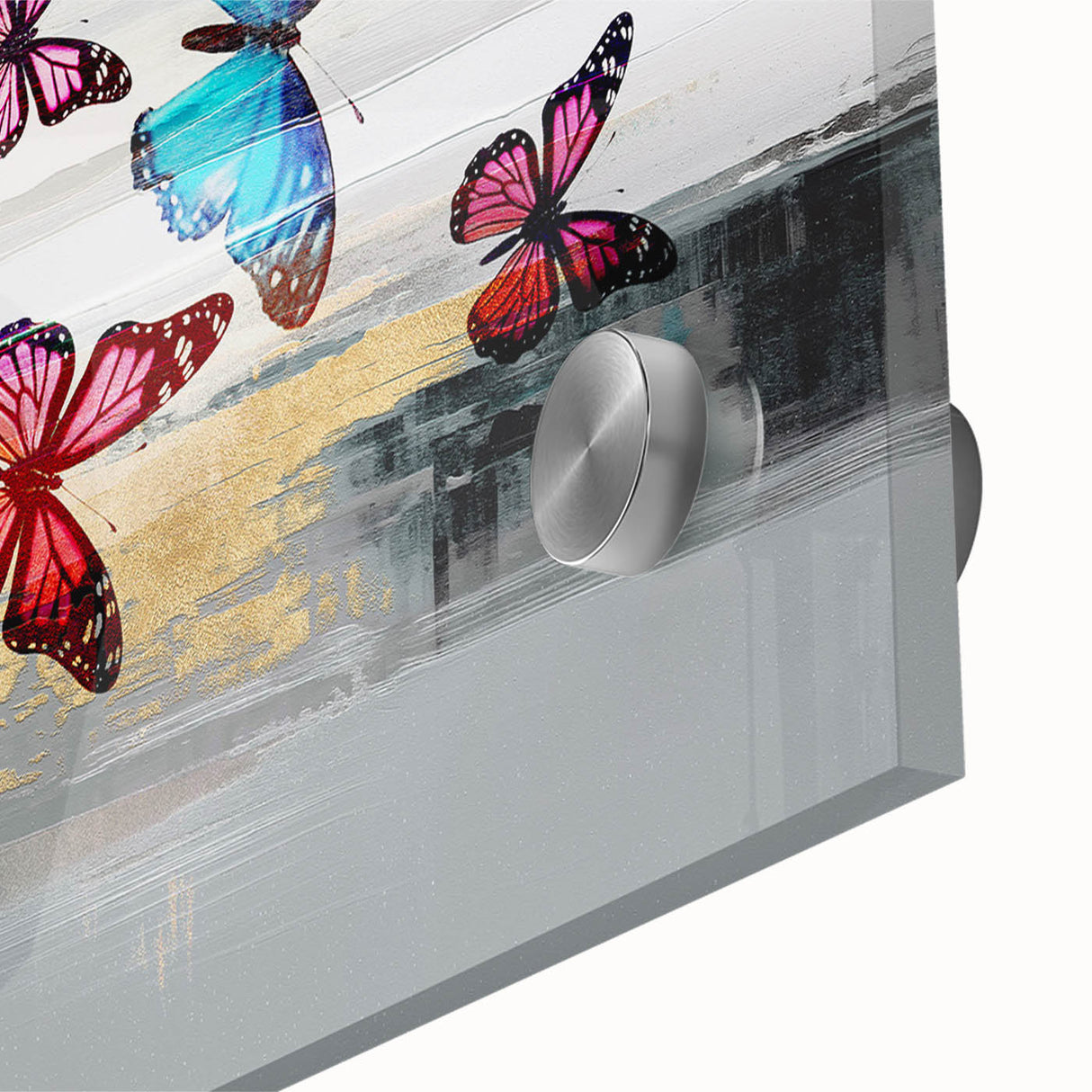 Abstract wall art design featuring vibrant strokes and lines in shades of blue, orange, and yellow, printed on acrylic glass for modern decor.