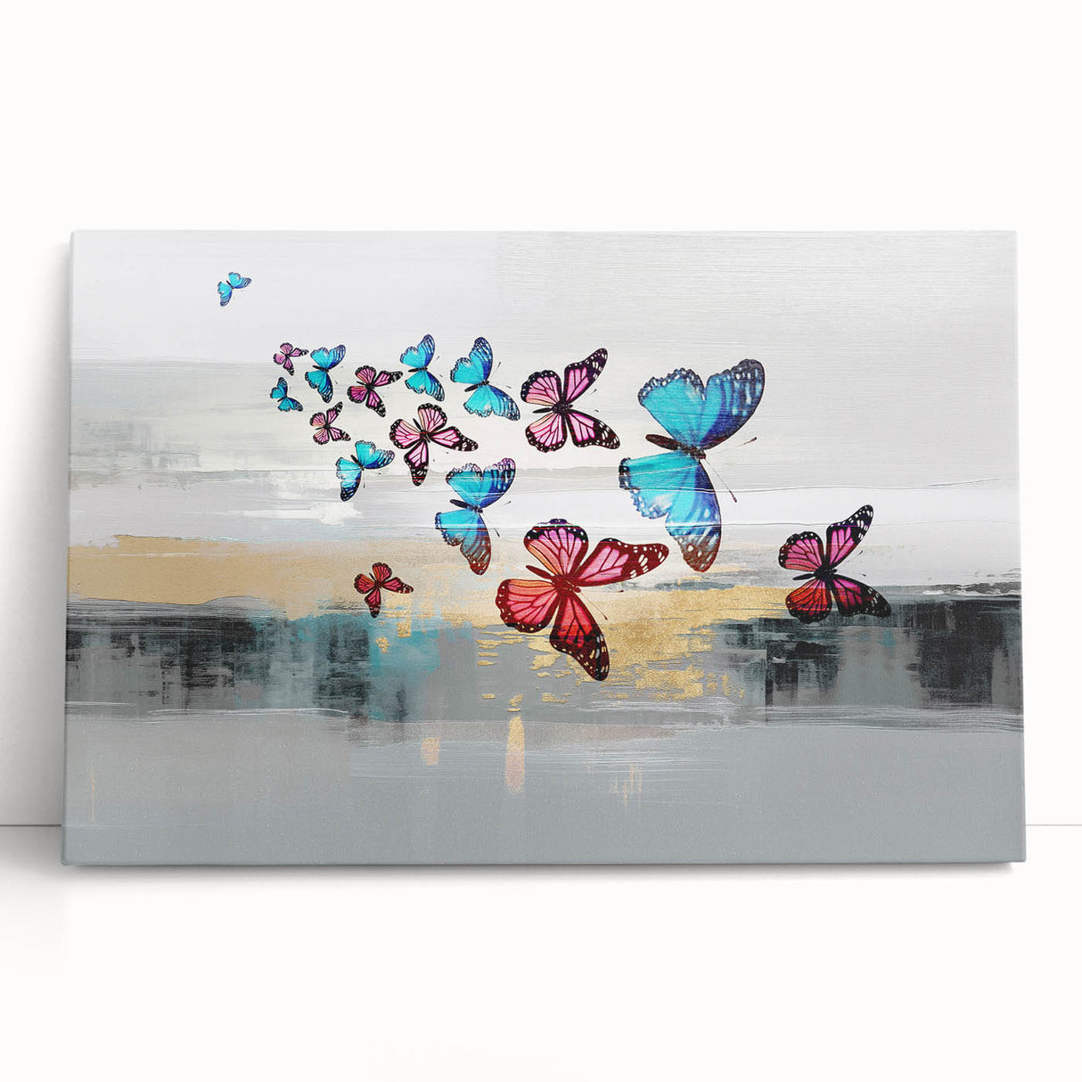 Abstract canvas wall art showcasing vibrant strokes and lines in shades of blue, orange, and yellow, adding a modern touch to any decor.