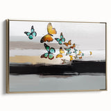 Framed canvas artwork showcasing an abstract design of gold strokes and lines, adding elegance to modern decor in a stylish side view.