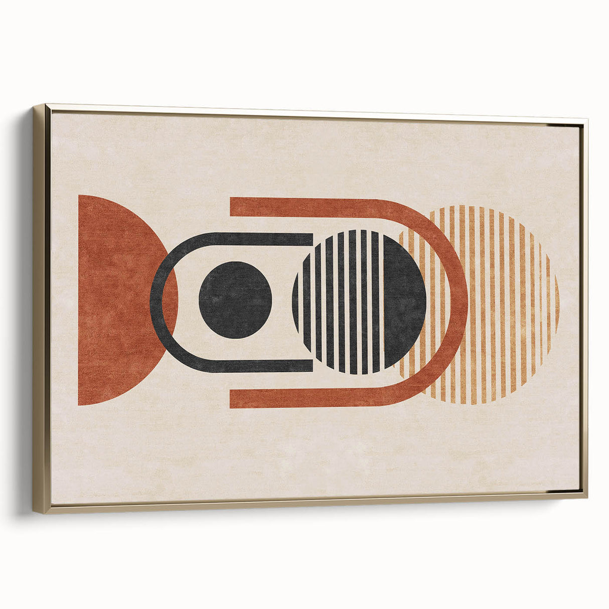 Framed wall art showcasing a modern abstract design with gold strokes and lines on a canvas, adding elegance to any decor.