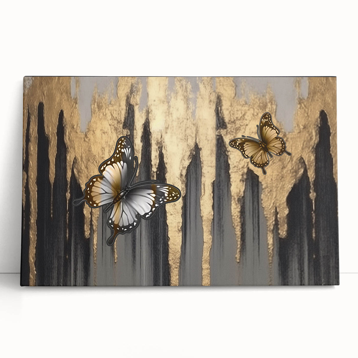 Abstract wall art canvas featuring colorful strokes and lines in vibrant hues, elegantly leaning against a wall, perfect for modern decor.