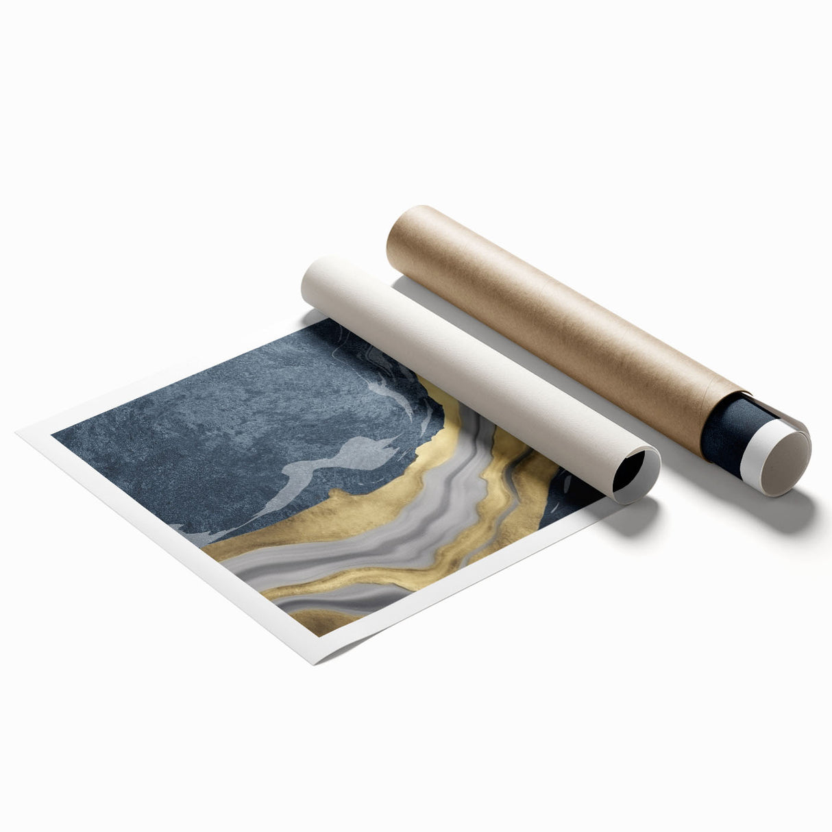 Abstract wall art print showcasing vibrant strokes and lines in a dynamic color palette of blue, orange, and gold, ideal for modern decor.