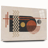 Abstract wall art design showcasing vibrant strokes and lines in bold colors, displayed in an acrylic glass frame with stylish pins.