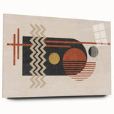 Acrylic glass wall art piece showcasing an abstract design with colorful strokes and lines, elegantly displayed from a side view for an artistic touch.