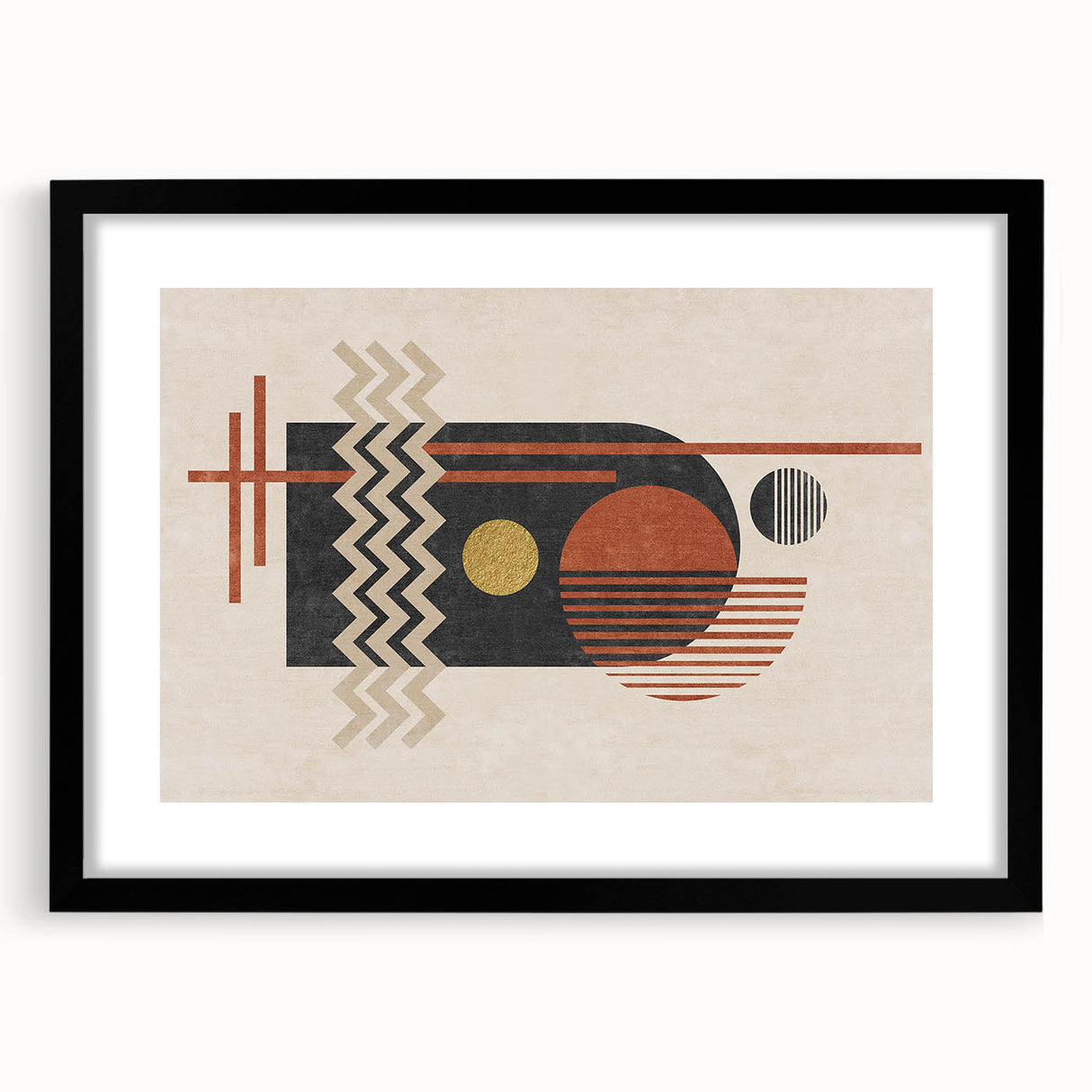 Abstract wall art print showcasing a modern design with colorful strokes and lines in a sleek black frame, ideal for contemporary decor.