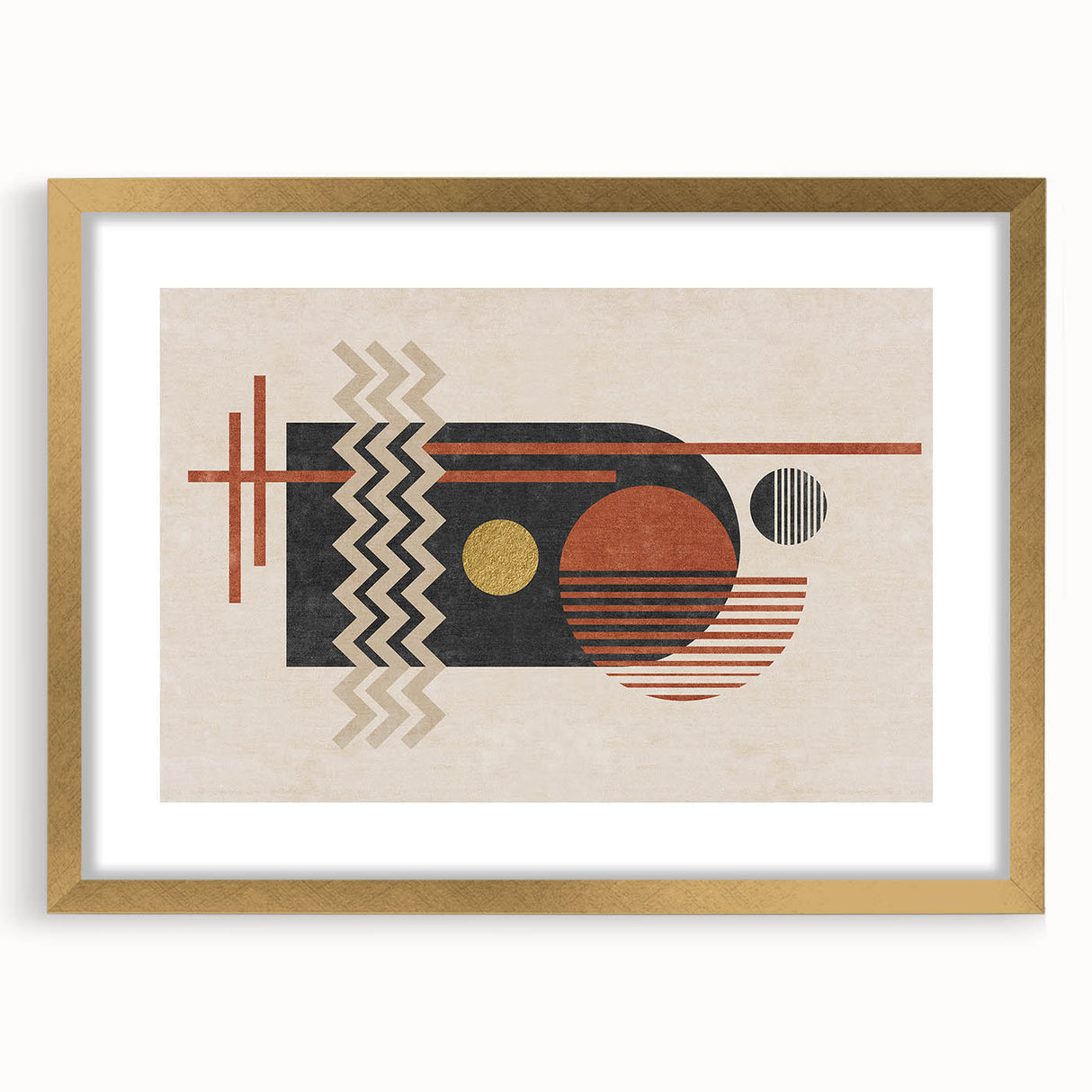 Abstract wall art featuring a collection of gold strokes and lines, elegantly framed with a mat, showcasing a modern design for stylish decor.