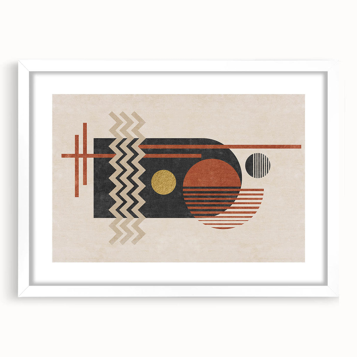 Abstract wall art featuring colorful strokes and lines in a modern design, presented in a white frame with a mat for an elegant display.