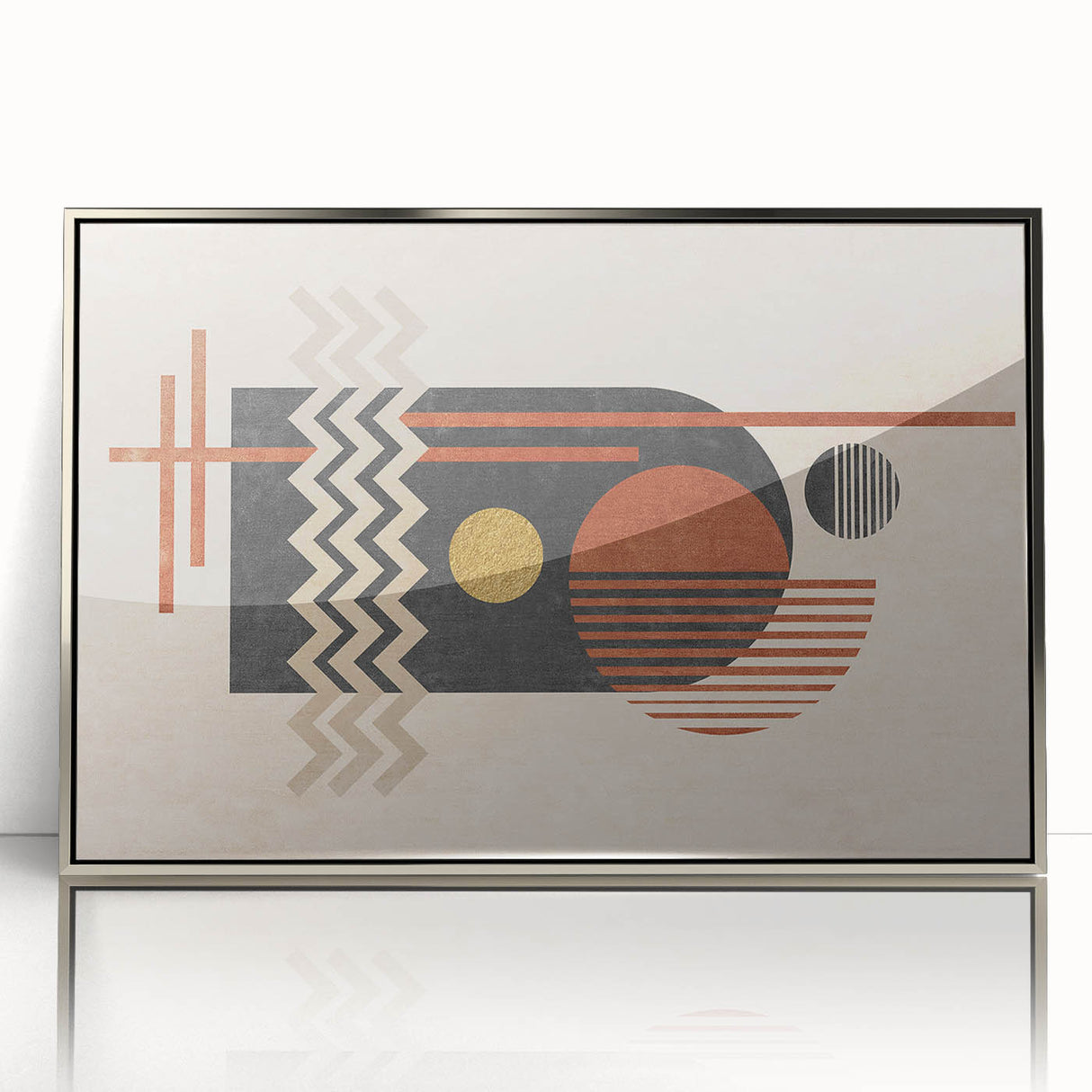 Framed abstract wall art showcasing a modern design with vibrant strokes and lines in silver and blue tones, perfect for contemporary decor.
