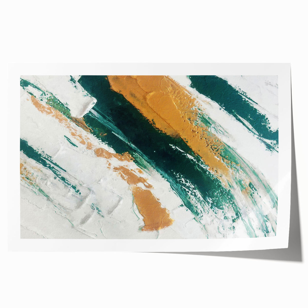 Abstract wall art print featuring vibrant strokes and lines in blue, orange, and yellow hues, ideal for modern home decor or office spaces.