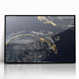 Abstract wall art print showcasing bold strokes and lines in vibrant colors, framed in black, perfect for modern home decor.