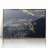 Framed abstract wall art showcasing dynamic gold and black strokes with elegant lines, perfect for modern home decor or office settings.