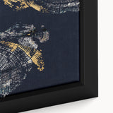 Close-up of an abstract strokes and lines design, showcasing vibrant colors and fluid patterns on a framed canvas wall art piece.