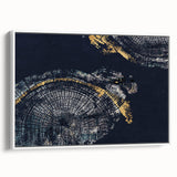 Framed abstract wall art showcasing a modern design with colorful strokes and lines on a white canvas, viewed from the side.