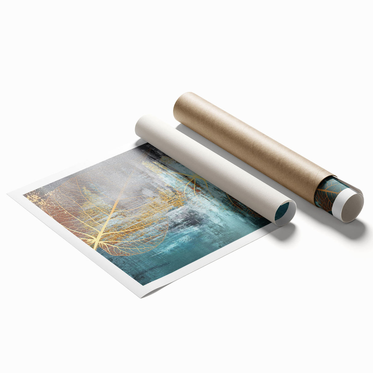 Abstract wall art print featuring vibrant strokes and lines in shades of blue, orange, and yellow, ideal for modern home decor. This rolled design showcases unique color blending and fluid patterns, perfect for adding a contemporary touch to any space.