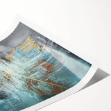 Abstract wall art print showcasing vibrant strokes and lines in shades of blue, orange, and yellow, ideal for modern home decor and artistic spaces.