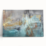 Abstract wall art featuring colorful strokes and lines on a stretched canvas, leaning against a neutral wall, ideal for modern decor.