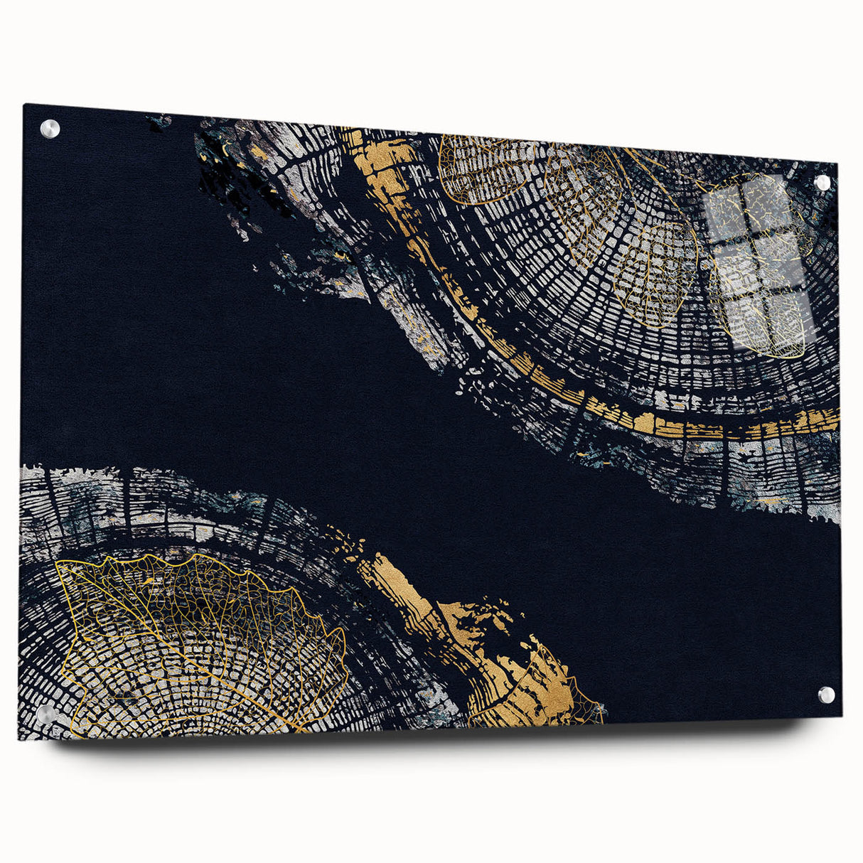 Abstract strokes and lines design in vibrant colors displayed in a sleek acrylic glass frame, accented with decorative pins, perfect for modern home decor.