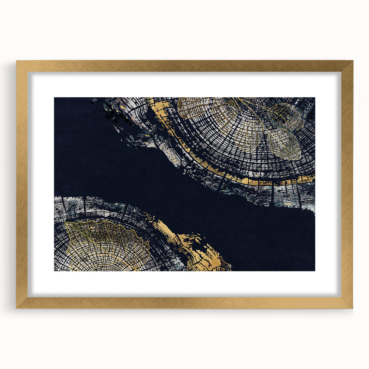 Framed wall art showcasing an abstract design of colorful strokes and lines, featuring a gold mat and a sleek black frame, perfect for modern decor.