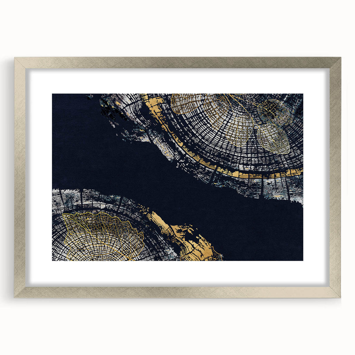Framed wall art featuring an abstract design with colorful strokes and lines in a silver mat, perfect for modern home decor.