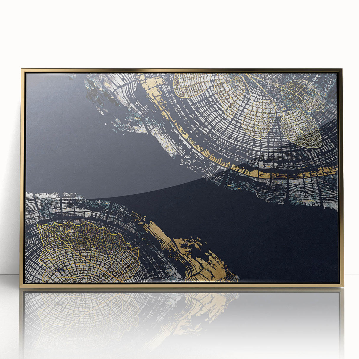 Framed wall art showcasing an abstract design with gold strokes and lines on an acrylic surface, ideal for modern home decor.